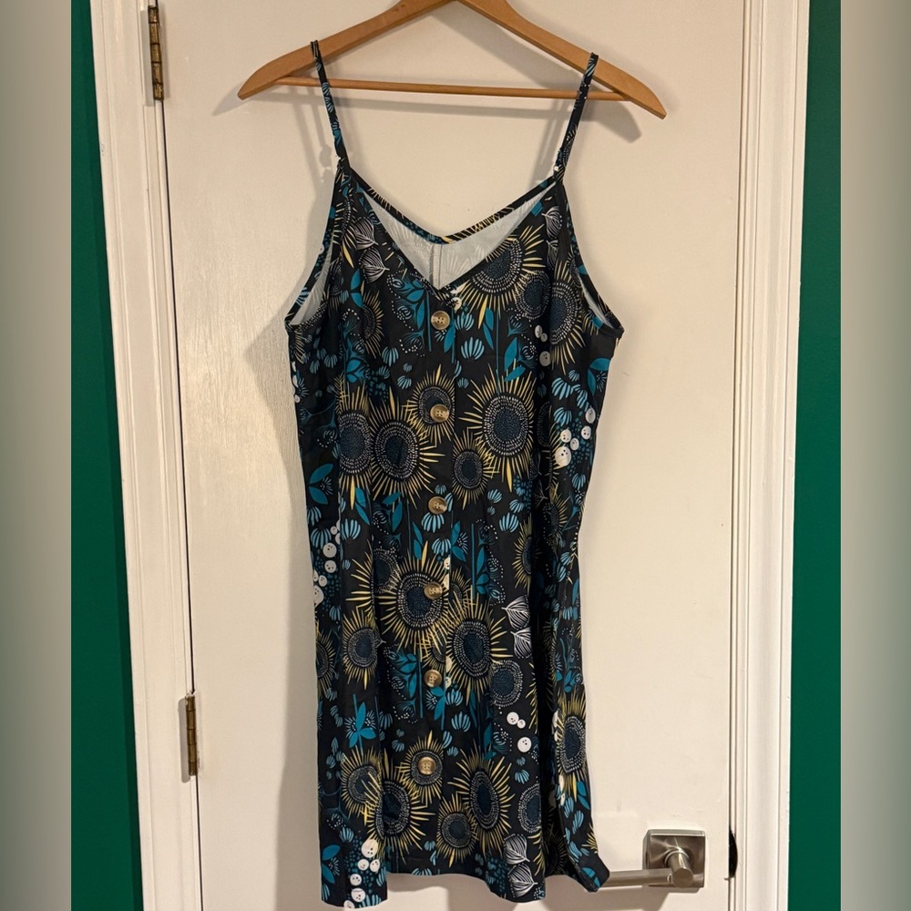 AlvaQ Floral Women Dress Strappy Button V Neck Sleeveless Beach Sundress L